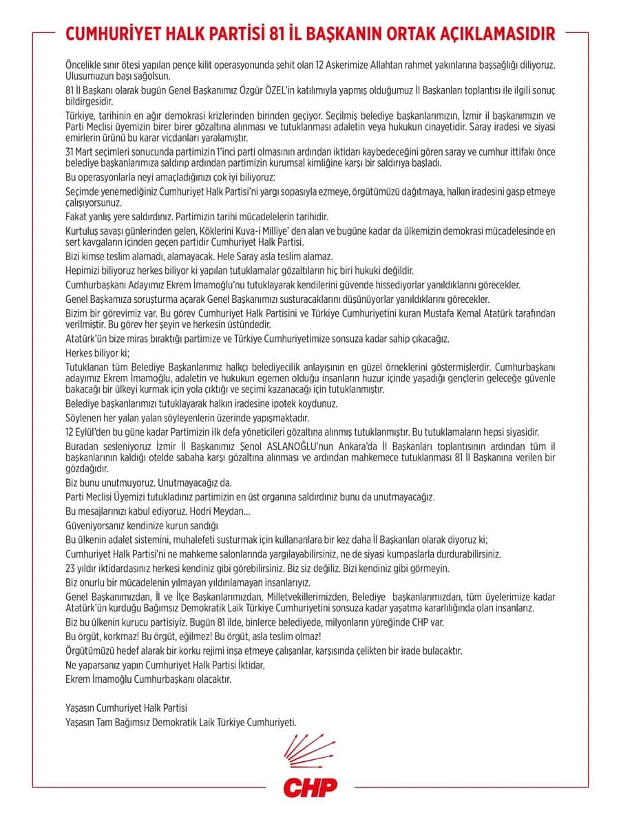 CHP 81 İl Başkanı Ortak Açıklama Yaptı