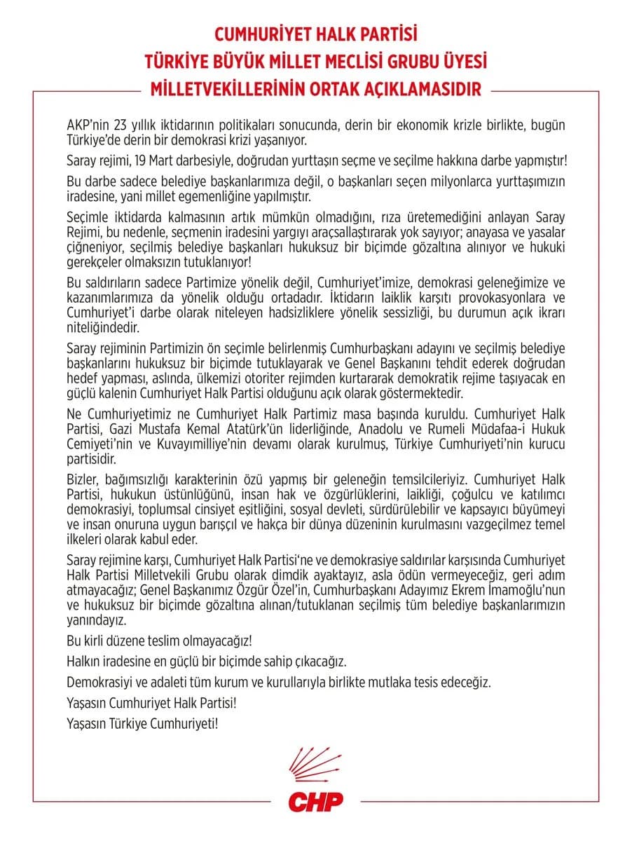 CHP TBMM Grubu'ndan Ortak Açıklama