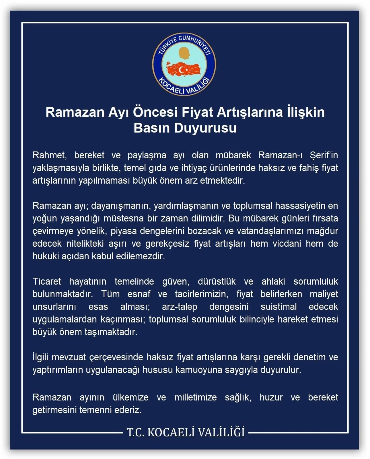 SON DAKİKA: Kocaeli Valiliği’nden Ramazan Öncesi Fahiş Fiyat Uyarısı