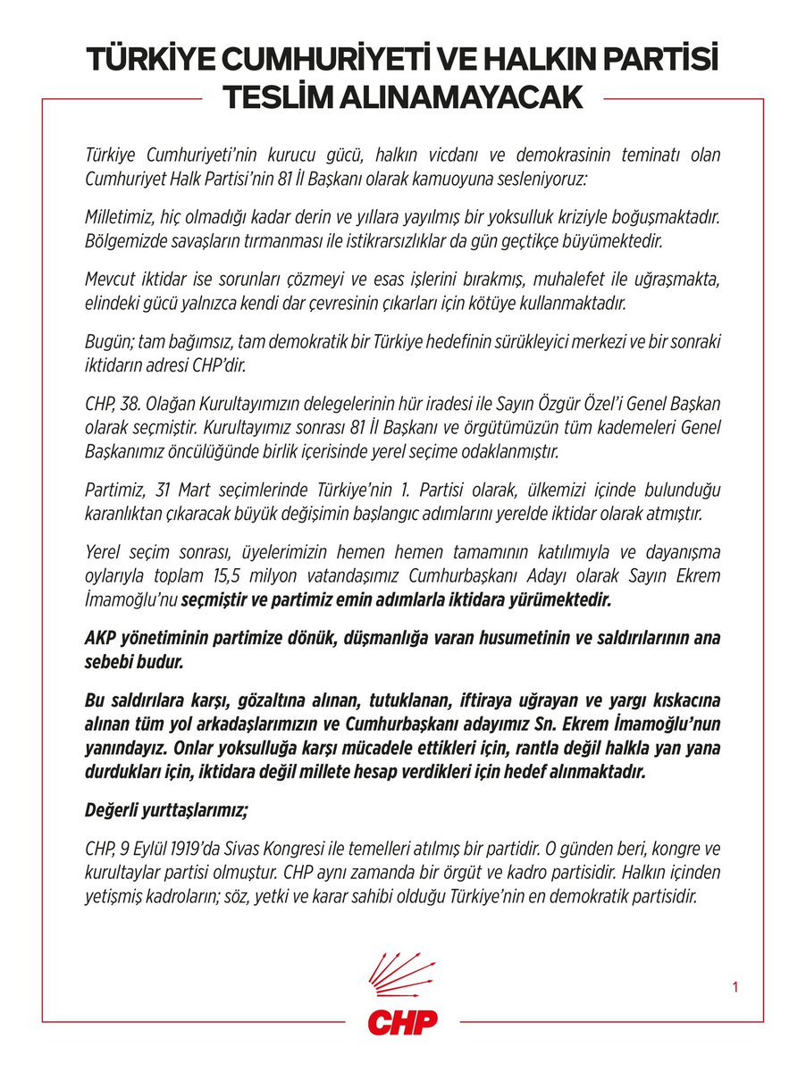 CHP İl Başkanları Ortak Deklarasyon Yayınladı: 