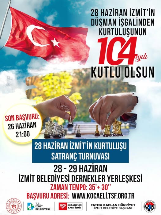 İzmit Belediyesi 28 Haziran Kurtuluş Yıl Dönümü Satranç Turnuvası Düzenliyor