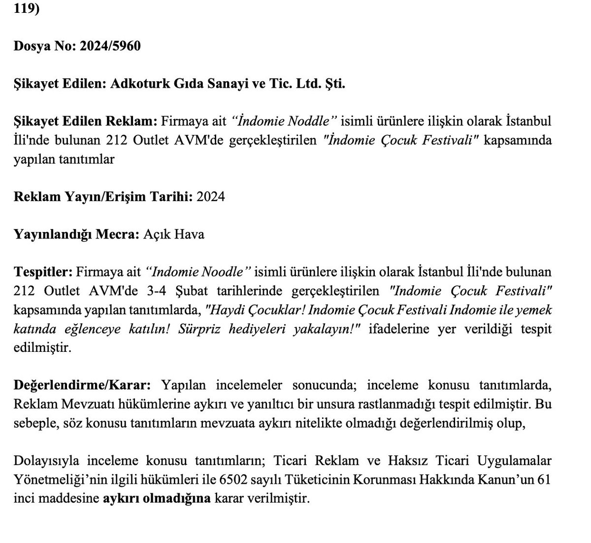 Indomie Reklamları Hakkında Ticaret Bakanlığı Açıklaması