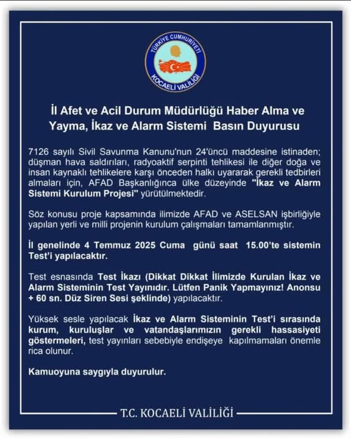 Dilovası'nda Yarın İkaz ve Alarm Sistemi Testi Yapılacak: Panik Yapmayın!