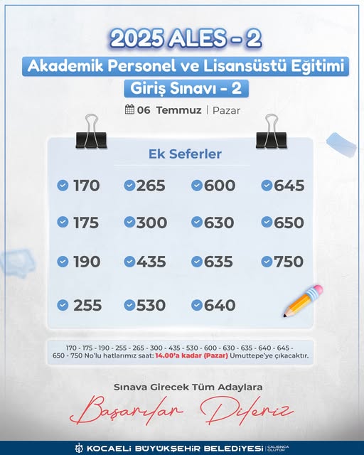 Kocaeli Büyükşehir Belediyesi'nden ALES Sınavı İçin Otobüs Ek Sefer Düzenlemesi