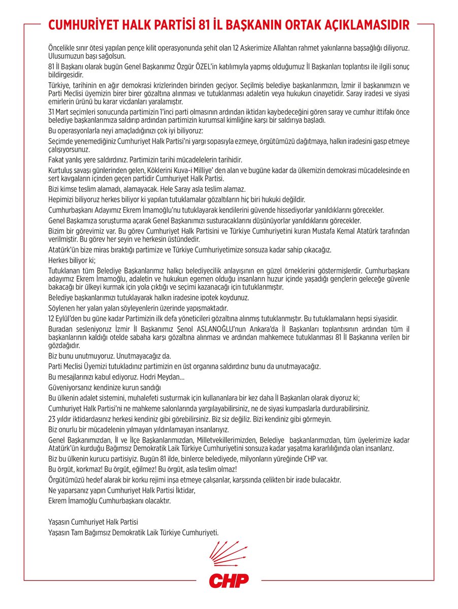 CHP 81 İl Başkanı Ortak Açıklama Yaptı