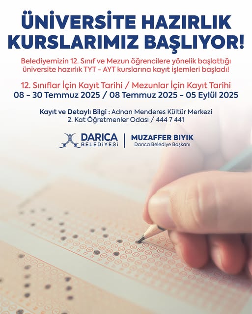 Darıca Belediyesi Ücretsiz Üniversite Hazırlık Kursları Başlıyor: TYT ve AYT Kayıtları Açıldı