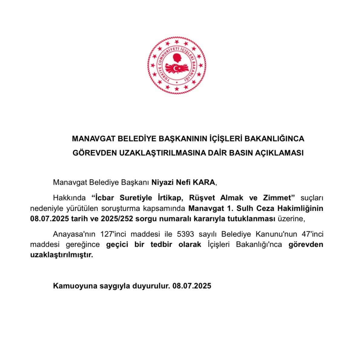 Manavgat Belediye Başkanı Niyazi Nefi Kara Görevden Uzaklaştırıldı