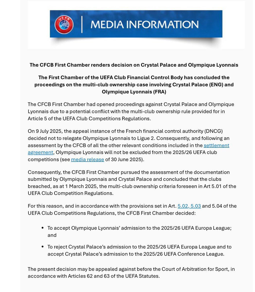 UEFA'dan Şok Karar: Crystal Palace Avrupa Ligi'nden Konferans Ligi'ne Düştü