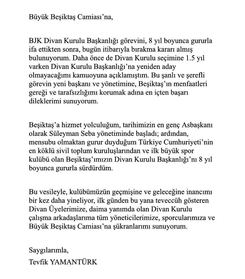 Beşiktaş Divan Kurulu Başkanı Tevfik Yamantürk İstifa Etti