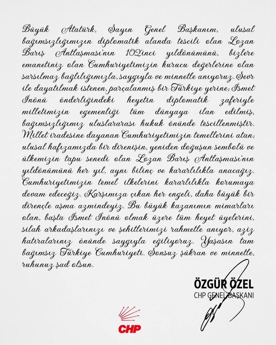 CHP Genel Başkanı Özgür Özel Lozan Barış Antlaşması'nın 102. Yıl Dönümünde Anıtkabir'i Ziyaret Etti