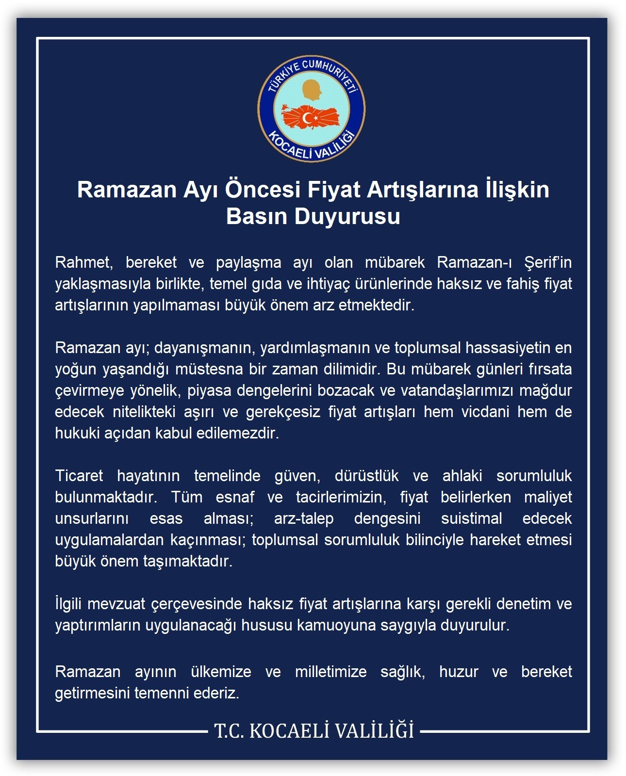 SON DAKİKA: Kocaeli Valiliği’nden Ramazan Öncesi Fahiş Fiyat Uyarısı